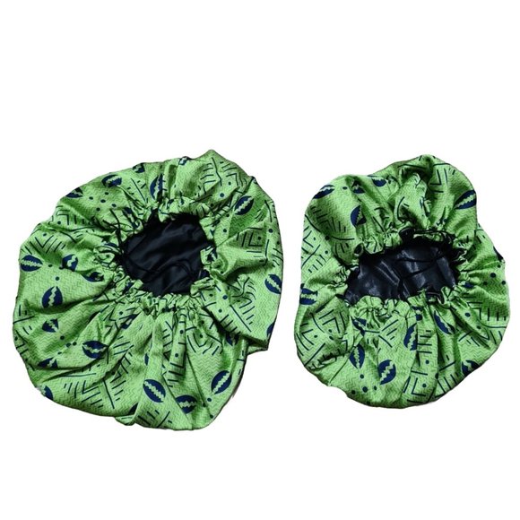 Unisex Double Layer Satin Hair Bonnet in Green Cowrie Print w/ Adjustable Band - Picture 4 of 8